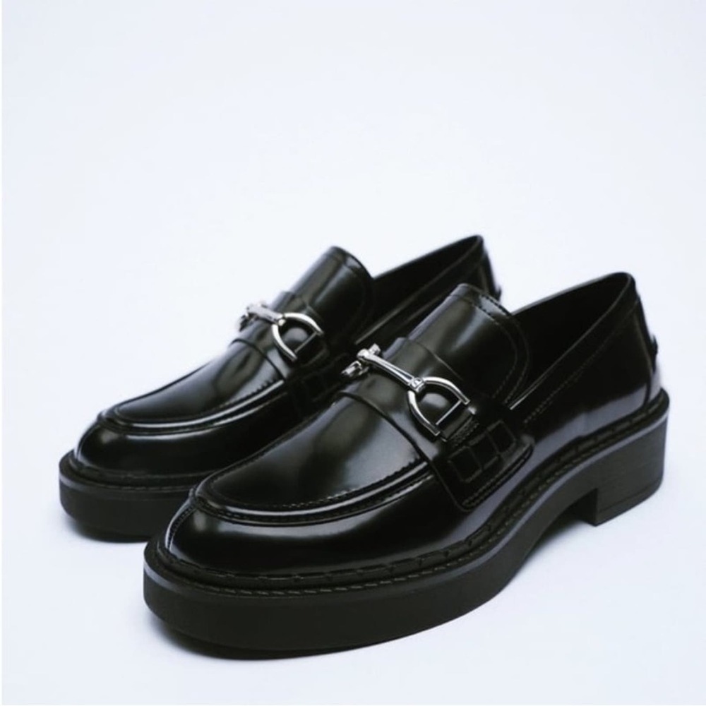 Zara chunky black loafers platform silver horsebit